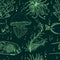 Seamless pattern with tropical fish, jellyfish, marine plants and seaweed. Vintage hand drawn vector illustration marine life.