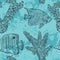 Seamless pattern with tropical fish, marine plants and corals. Vintage hand drawn vector illustration marine life.