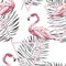 Seamless pattern with tropical Flamingo. Element for design of invitations, movie posters, fabrics and other objects
