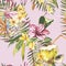 Seamless pattern with tropical Flowers, Coconut and Flamingo. Element for design of invitations, movie posters, fabrics
