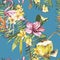 Seamless pattern with tropical Flowers, Coconut and Flamingo. Element for design of invitations, movie posters, fabrics