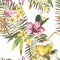 Seamless pattern with tropical Flowers and Flamingo. Element for design of invitations, movie posters, fabrics and other