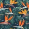Seamless pattern with tropical flowers and leaves. Strelitzia flowers, Monstera and Palm leaves.