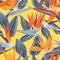 Seamless pattern with tropical flowers and leaves of Strelitzia Reginae.