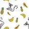 Seamless pattern with tropical fruit and lemur on white background. bananas, pineapple, papaya, lemur isolated. Exotic summer prin