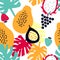 Seamless pattern with tropical fruits - dragon fruit; papaya; strawberry; grapes; passion fruit.