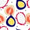 Seamless pattern with tropical fruits - guava; passion fruit; dragon fruit. Bright simple style.