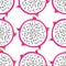 Seamless pattern with tropical fruits. Healthy dessert. Fruity background. Dragon fruit or pitaya. Exotic food