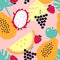 Seamless pattern with tropical fruits - melon; dragon fruit; papaya; strawberry; apple; grapes.