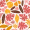 Seamless pattern with tropical leaves. Beautiful print with hand drawn exotic plants. Fashion botanical fabric design.