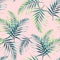 Seamless pattern with tropical leaves. Dark and bright green palm leaves on the light pink background.