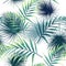 Seamless pattern with tropical leaves. Dark and bright green palm leaves on the white background.