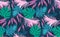 Seamless pattern of tropical leaves, dense jungle blue turquoise pink colors.