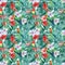 Seamless pattern of tropical leaves, flowers and lovebirds parrots, jungle background, watercolor painting