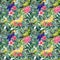 Seamless pattern of tropical leaves, flowers and parrots, jungle background, watercolor painting