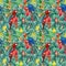 Seamless pattern of tropical leaves, flowers and parrots, jungle background, watercolor painting