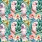 Seamless pattern of tropical leaves, flowers and pink cockatoo parrots, jungle background, watercolor painting