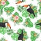 Seamless pattern with tropical leaves, flowers and toucans
