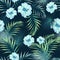 Seamless pattern with tropical leaves and paradise blue hibiscus flowers.