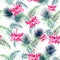 Seamless pattern with tropical leaves and paradise pink hibiscus flowers.