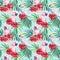 Seamless pattern, tropical leaves and parrots cockatoo. Watercolor wildlife illustration, blue background