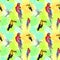 Seamless pattern of tropical leaves. toucan, parrot, hummingbird.