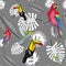 Seamless pattern of tropical leaves. toucan, parrot, hummingbird. illustration
