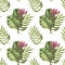 Seamless pattern - tropical palm leaves and protea