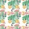 Seamless pattern with tropical palms, flamingo and golden glitter, vintage, grunge background.