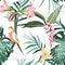 Seamless pattern with tropical parrots. Colorful exotic yellow Bird, leaves and pink flowers, plants.