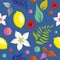 Seamless pattern with tropical plants, fruits and flowers