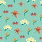 Seamless pattern with tropical summer flowers on teal. Exotic vintage flower vector background. Illustration of tropical