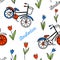 Seamless pattern with tulips and bicycles