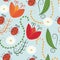 Seamless pattern with tulips and ladybirds