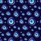 Seamless pattern with turkish traditional glass amulet boncuk, evil on dark blue background.