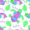 Seamless pattern with turtle, green leaves monstera, word baby. Vector illustration
