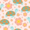 Seamless pattern. Turtle or tortoise. Cute and funny. Turquoise green and orange. Pink flower. Pink background. Sea animal. Nature