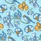 Seamless pattern with twigs and flowers of orchids and birds on a blue background.