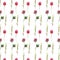 seamless pattern, two bright pink clovers with green stems on a white background, watercolor illustration