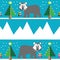 Seamless pattern with two shades polar bears, snow, geometrical Christmas trees with lights and baubles Christmas gifts