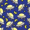 Seamless pattern UFO planes with full stars and crescent surround them in a dark blue background