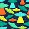 Seamless pattern with UFO spaceship. Unidentified flying object with light beam.