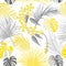 Seamless pattern of ultimate gray tropical leaves of palm tree and illuminating yellow flowers