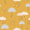 Seamless pattern of umbrellas, clouds and rain. Rainy background