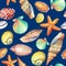 Seamless pattern with underwater life objects, on dark blue background. Marine design-shell, sea star. Watercolor hand d