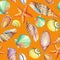 Seamless pattern with underwater life objects, isolated on orange background. Marine design-shell, sea star. Watercolor hand d