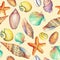 Seamless pattern with underwater life objects, isolated on yellow background. Marine design-shell, sea star. Watercolor hand draw