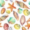 Seamless pattern with underwater life objects, on white background. Marine design-shell, sea star. Watercolor hand drawn