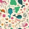 Seamless pattern with underwater ocean animals, whale, octopus, stingray, jellysfish