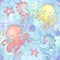 Seamless pattern underwater world of octopus and seahorse. Watercolor. Vector
